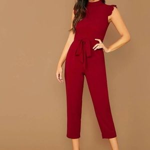 Shein Red Ruffle Neck Belted Jumpsuit